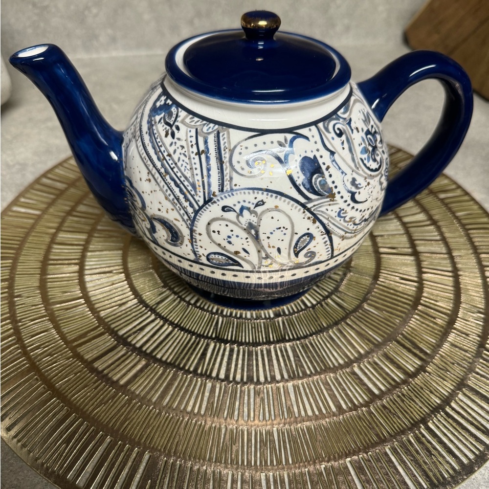 Rare HTF Potters Studio Paisley & Filigree Dark Blue & Gold Ceramic Teapot EUC